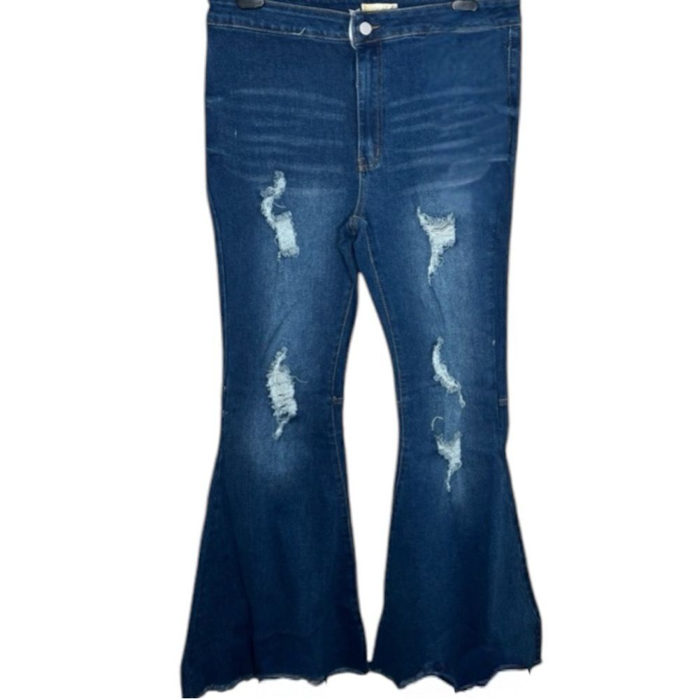 Dark Wash Distressed Flare Jeans | High Rise Stretch | Raw Hem | Plus Size | NWT - Picture 6 of 16